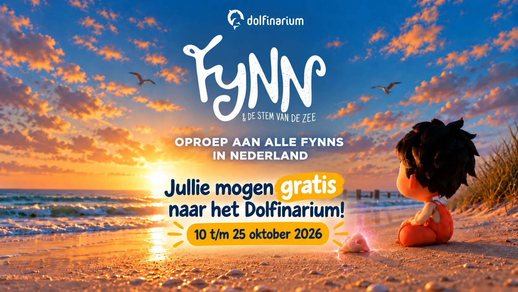 Actiebeeld: Fynns en gelijkklinkende namen gratis naar het Dolfinarium van 10 tot en met 25 oktober 2026. Beeld: Dolfinarium.