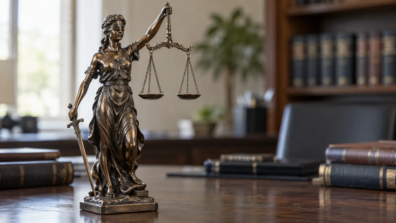 AI-gegenereerde illustratie van een bronzen beeld van Vrouwe Justitia