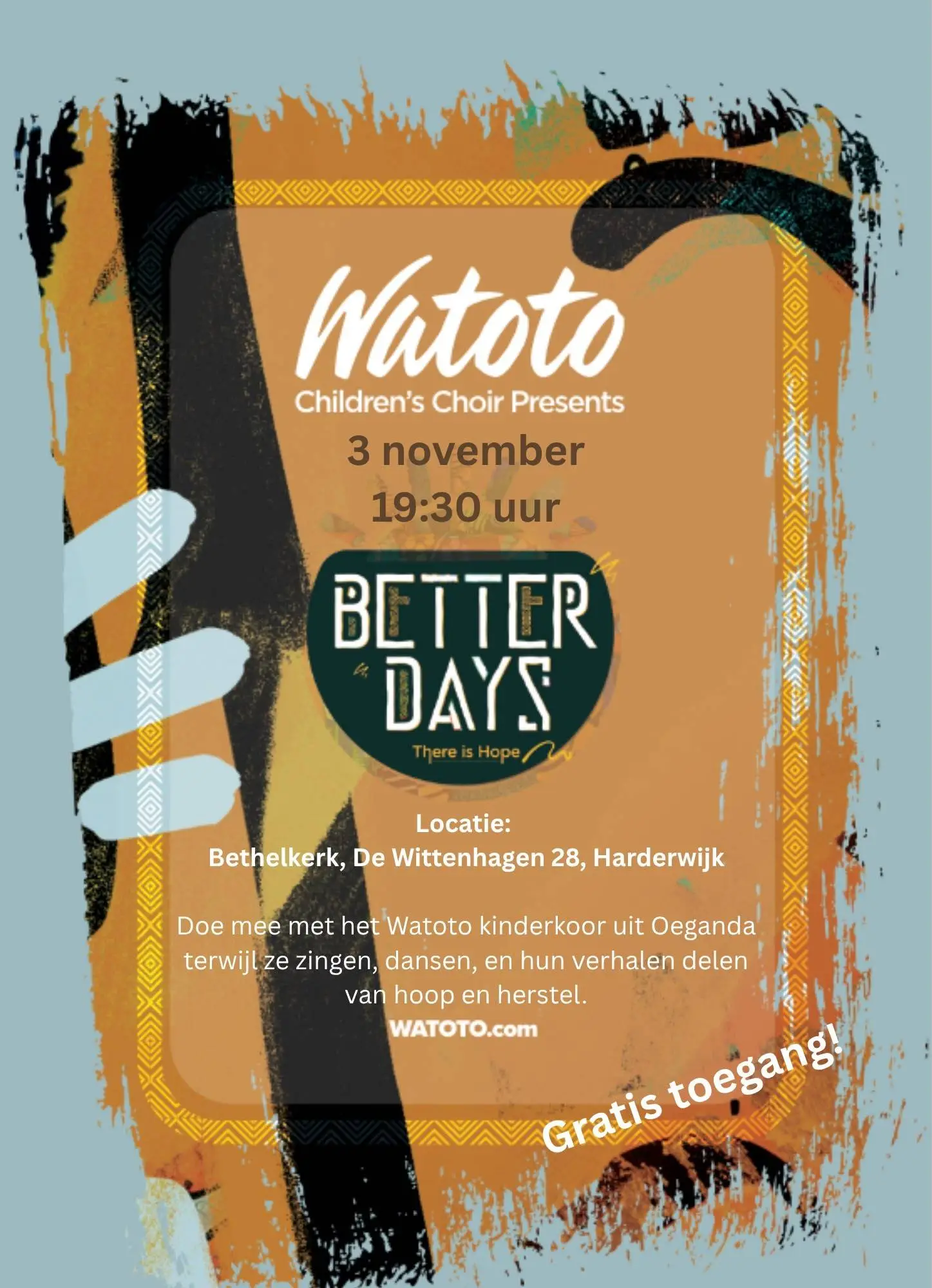 Aankondiging Watoto-kinderkoor, 3 november 2026, Bethelkerk Harderwijk