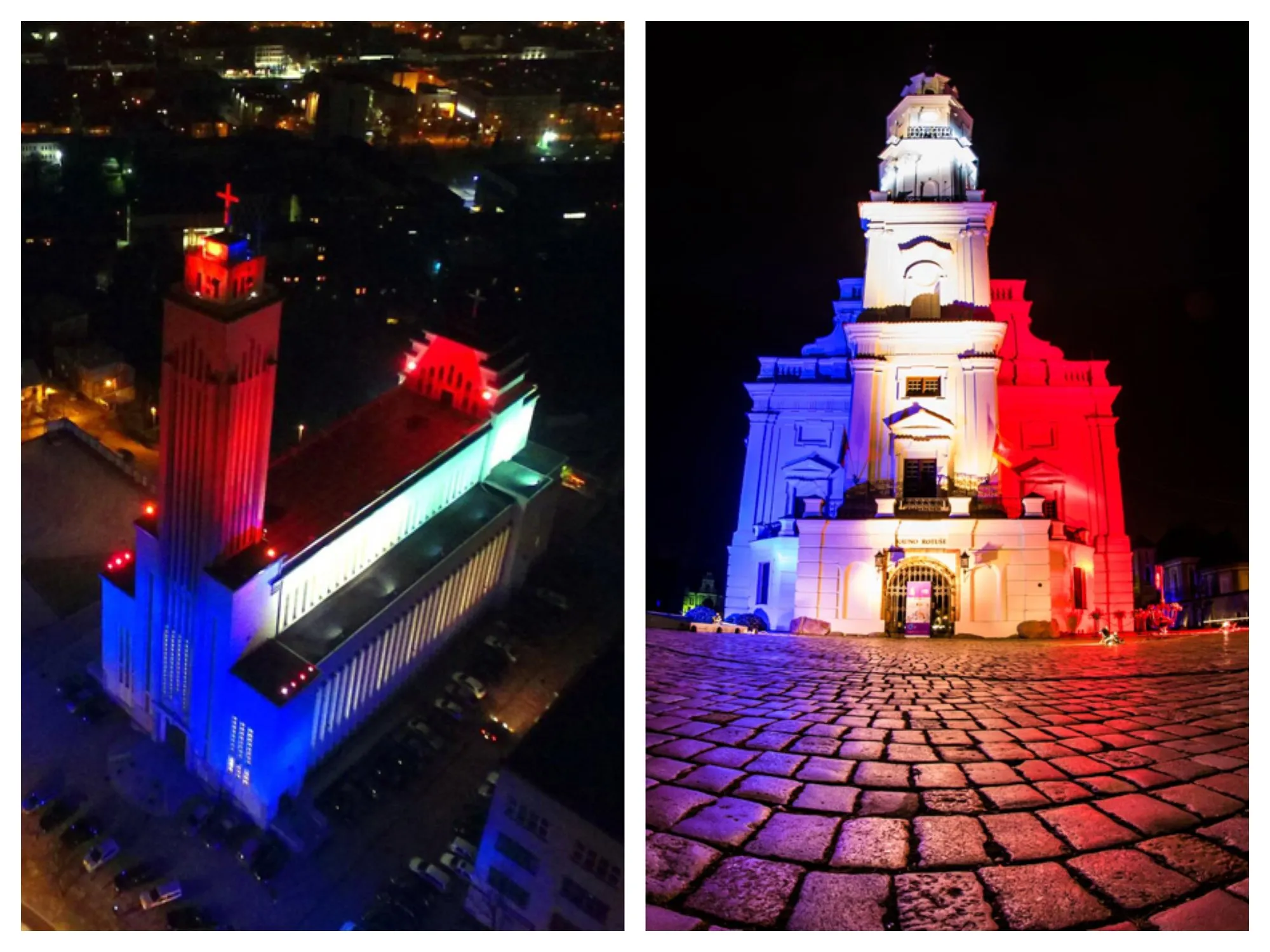 Prisikėlimo bazilika ir Rotušė sušvito Prancūzijos vėliavos spalvomis