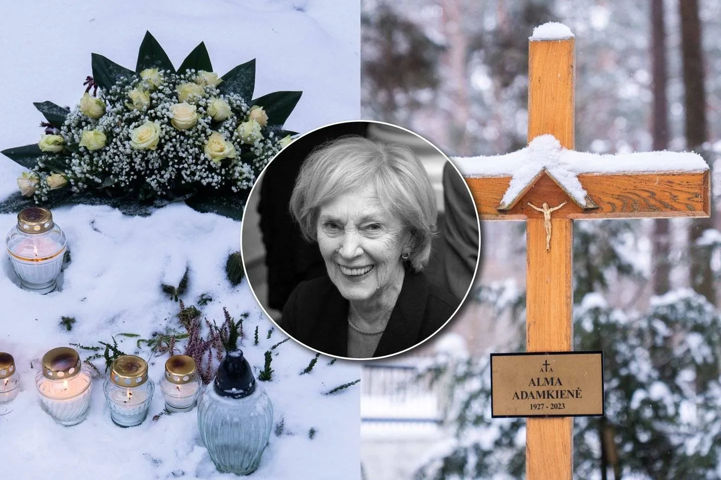 Svarbią dieną ant A. Adamkienės kapo – uždegtos žvakės ir baltos rožės / Lrytas.lt koliažas