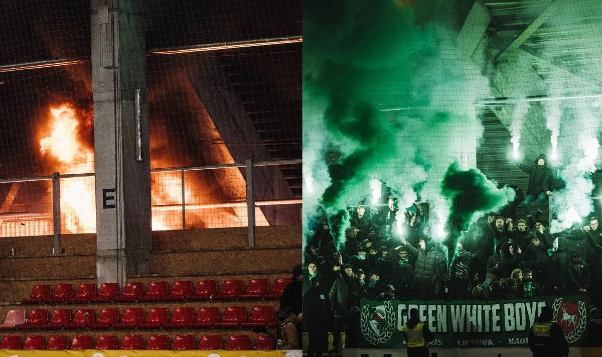 Triumfuojantys „Kauno Žalgirio“ sirgaliai sukėlė gaisrą Marijampolės manieže / FKZALGIRIS.LT nuotr.