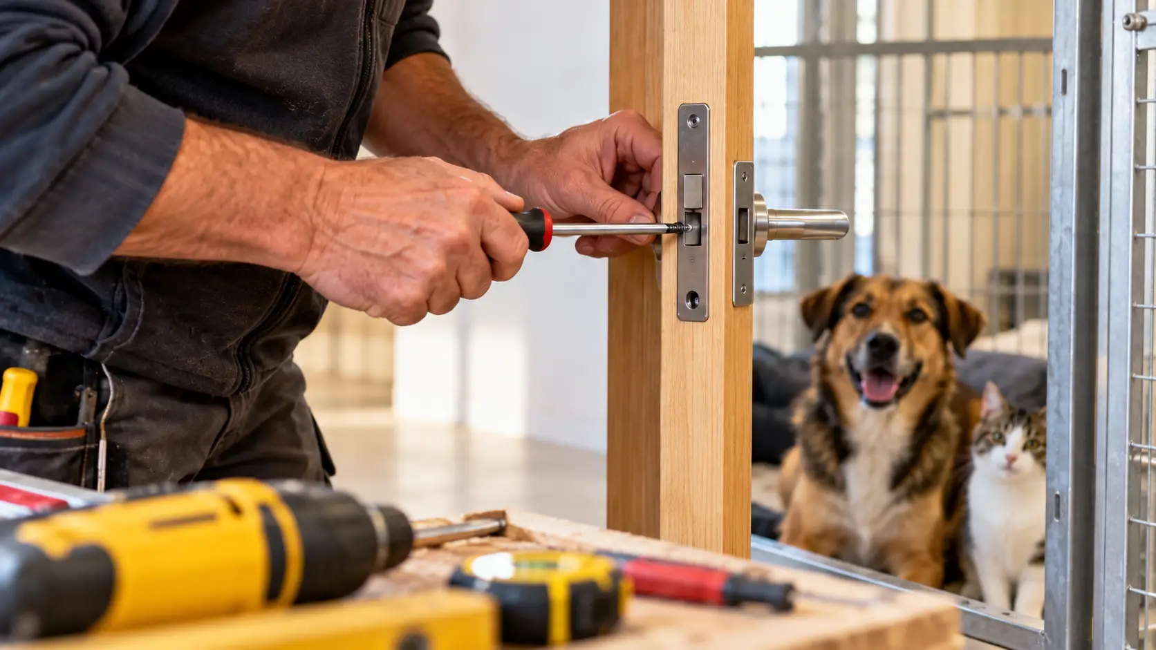 Vakman repareert dierenasieldeur met hond en kat