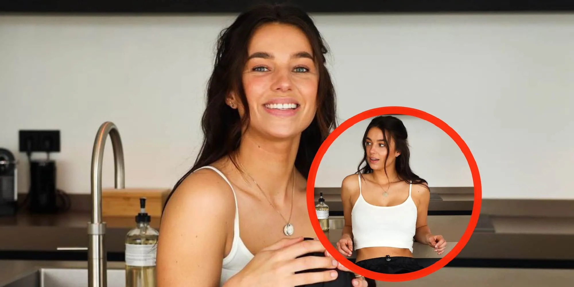 foto luchtig geklede nina warink hangt verleidelijk over het aanrecht
