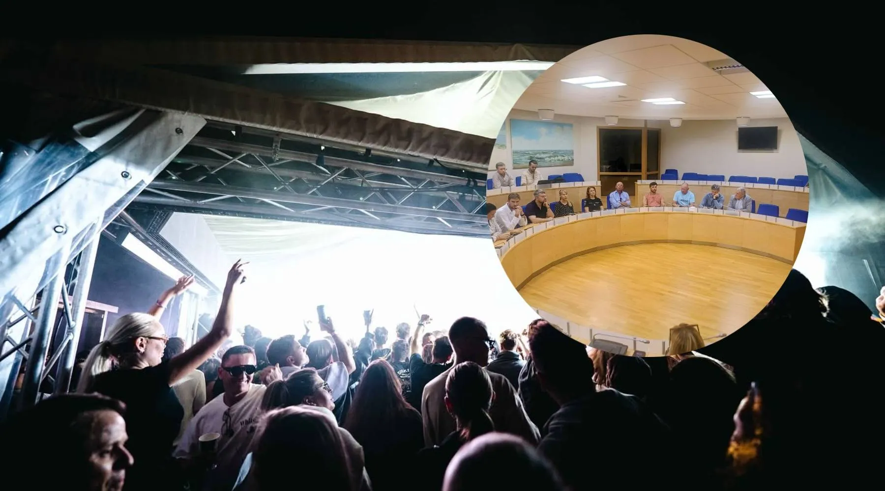 Festivalis „Ant bangos“, diskusija savivaldybėje („Kas vyksta Neringoje“ fotomontažas)