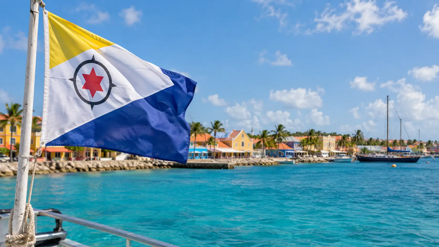 Bonaireaanse vlag boven kleurrijke waterkant