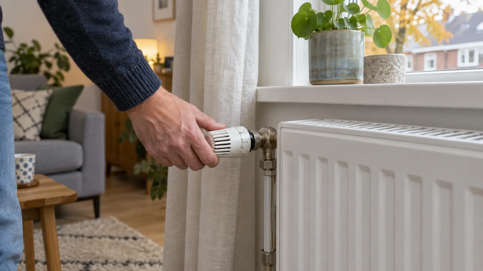 Hand controleert een thermostatische radiatorkraan, AI-illustratie