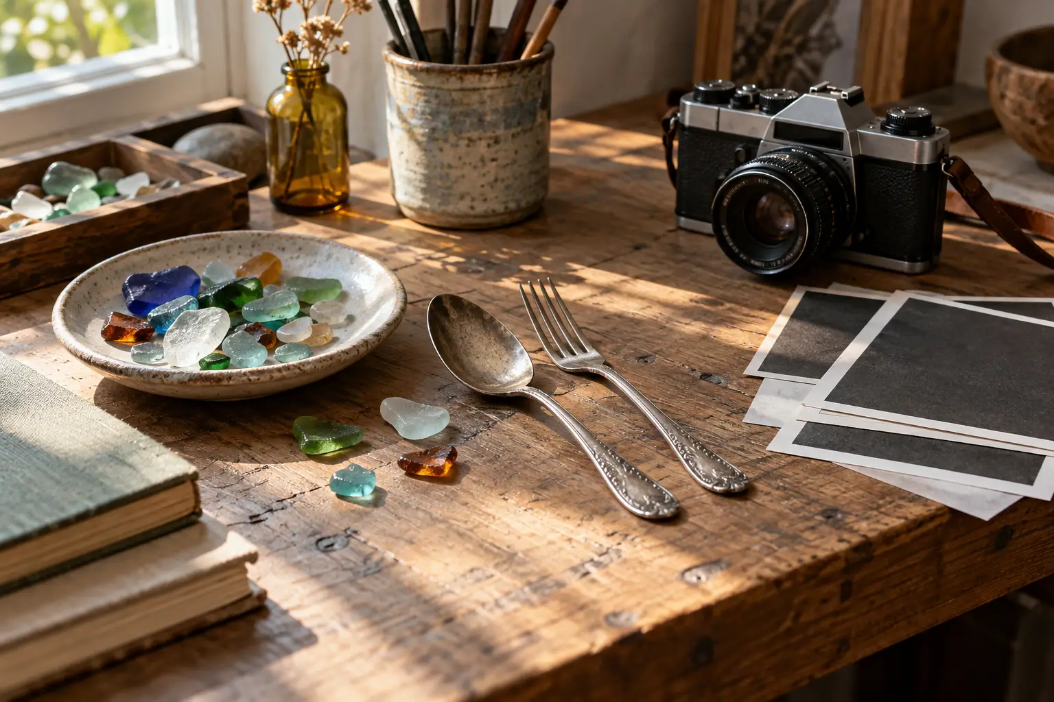 Fotografie, bestek en glas. Illustratie gemaakt met AI; geen werk van Lucy Kiewiet.