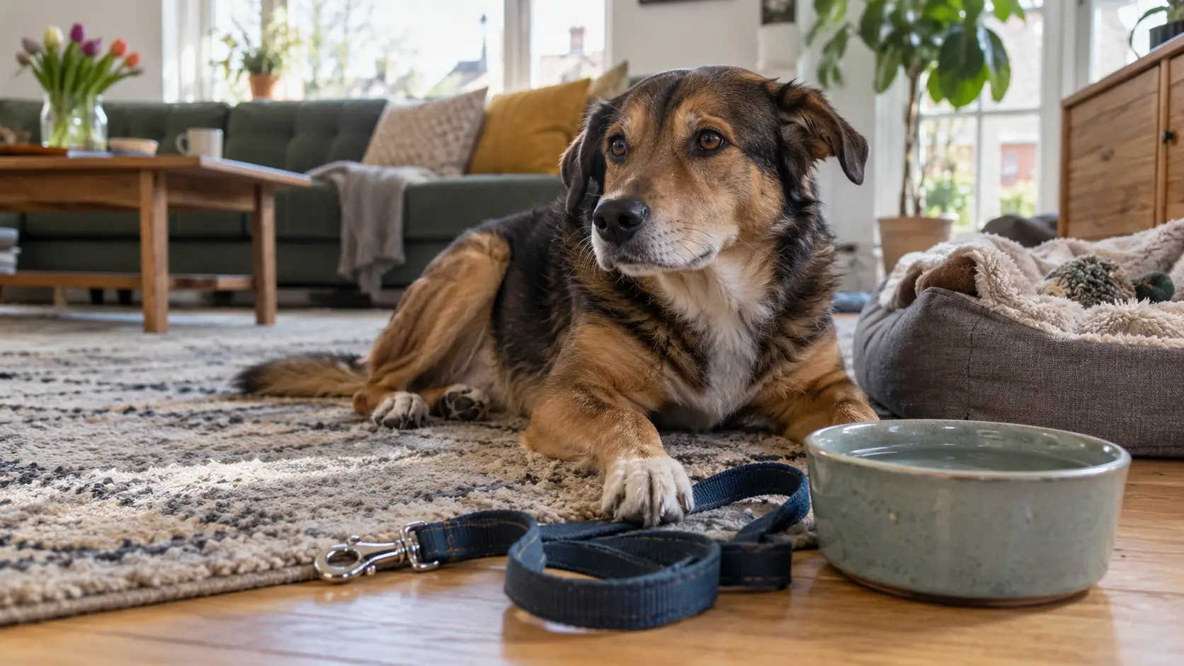 Een hond rust in huis naast een riem en waterbak.