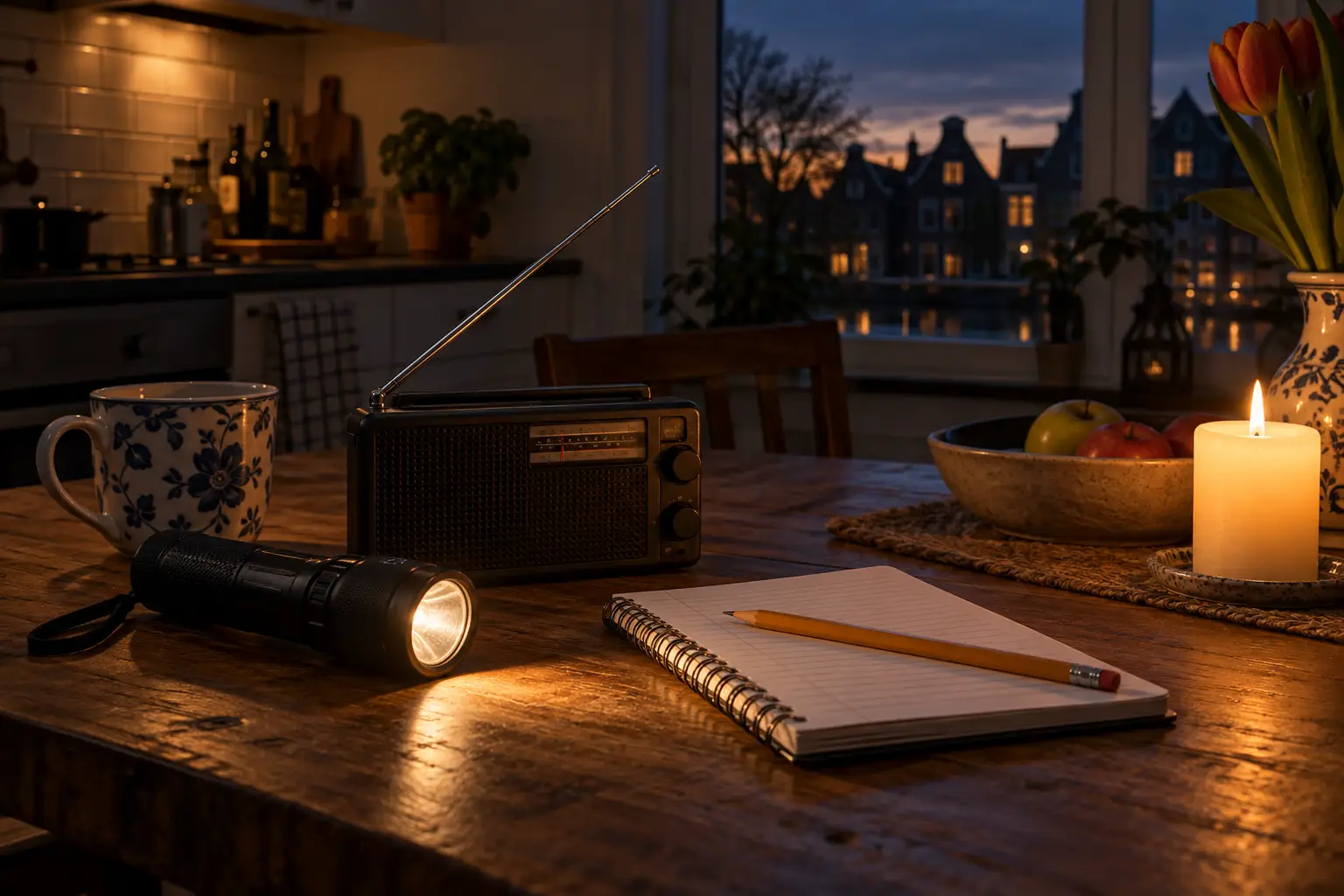 Radio, zaklamp en notitieboek. Illustratie gemaakt met AI.