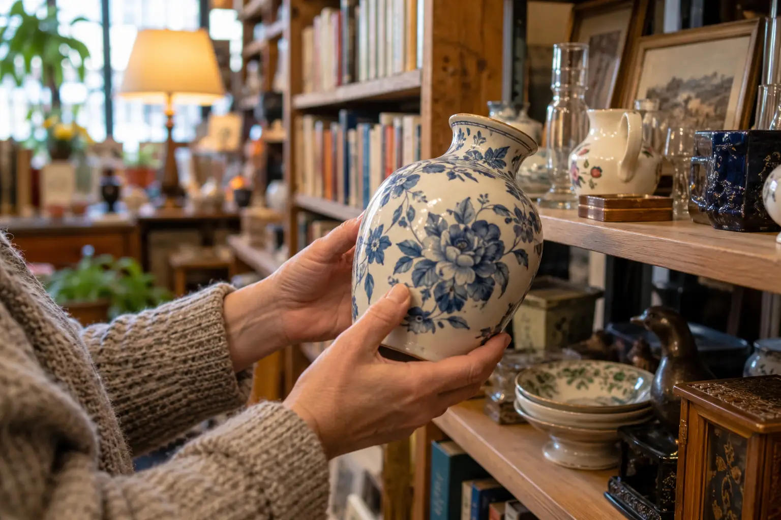 Tweedehands vaas bekijken in een kringloopwinkel; AI-gegenereerde illustratie