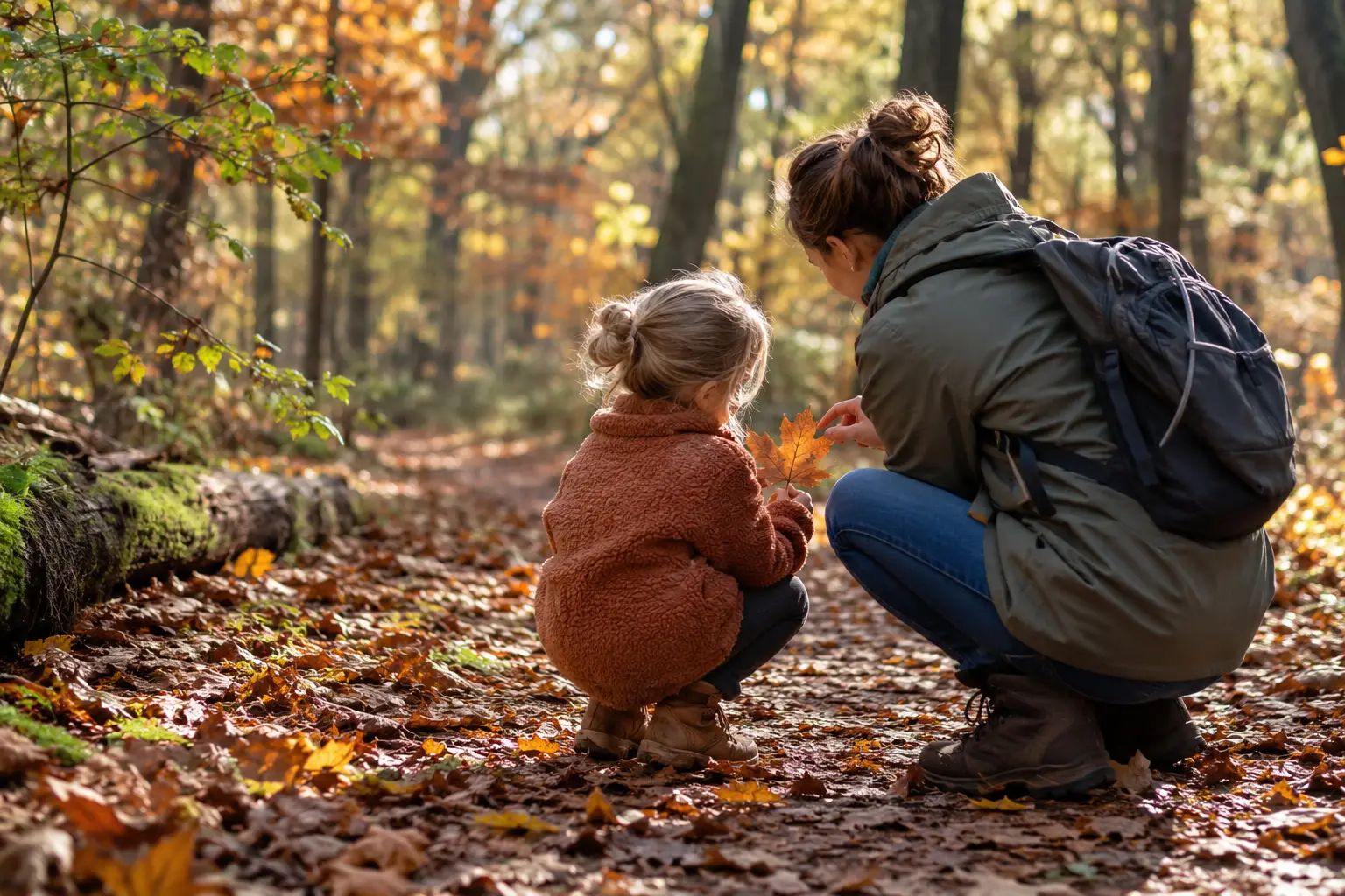 Ouder en kind ontdekken herfstbladeren; AI-gegenereerde illustratie
