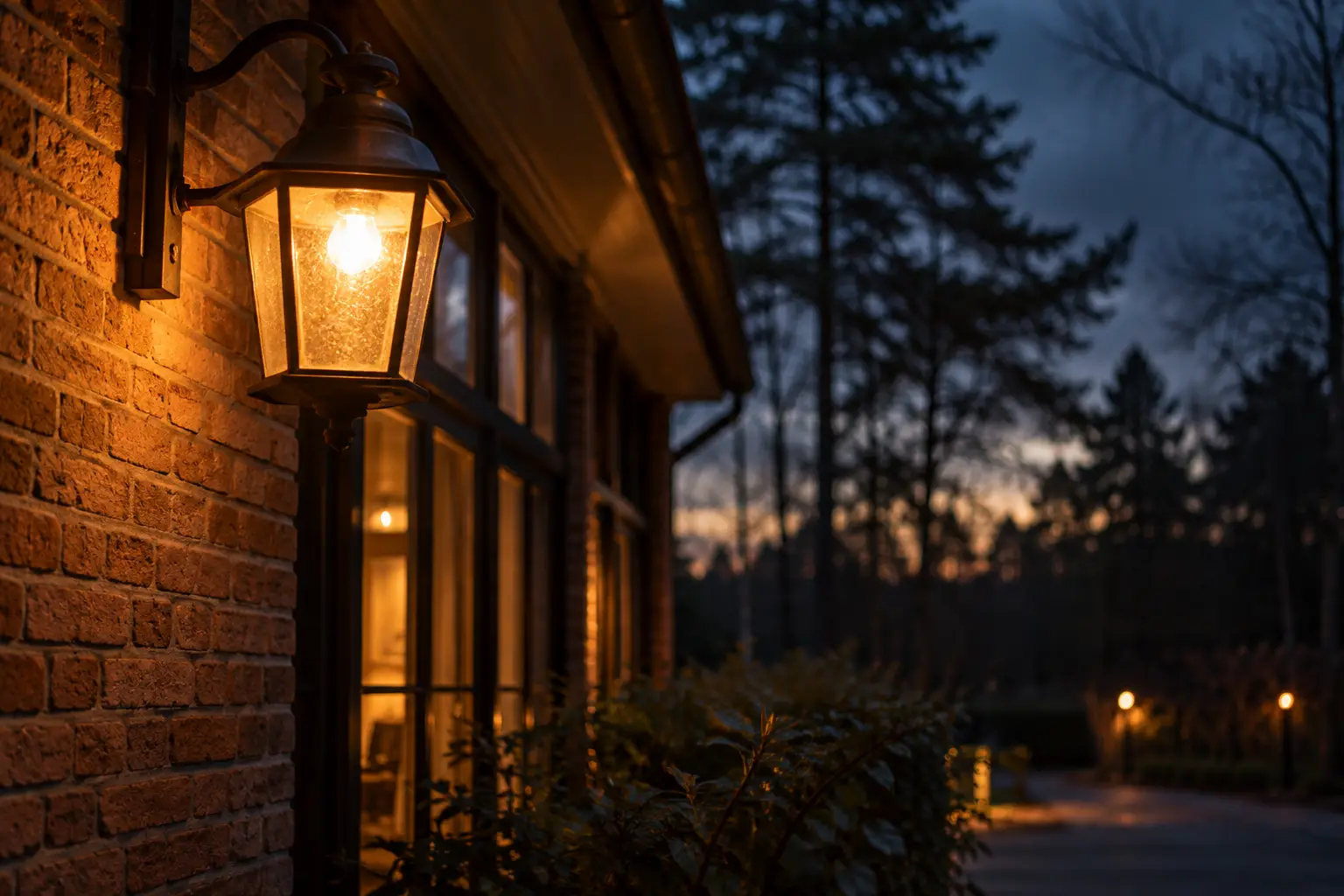 Buitenverlichting bij schemer; AI-gegenereerde illustratie