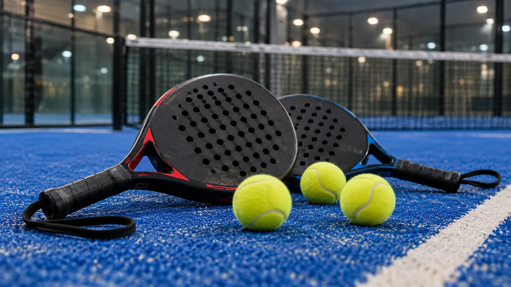 Twee padelrackets en drie gele ballen-3