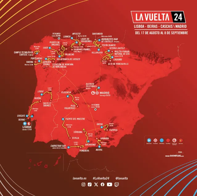 Profile & Route Vuelta a Espana 2024 - Start in Lissabon, 34 Kilometer Zeitfahren; 9 Bergankünfte