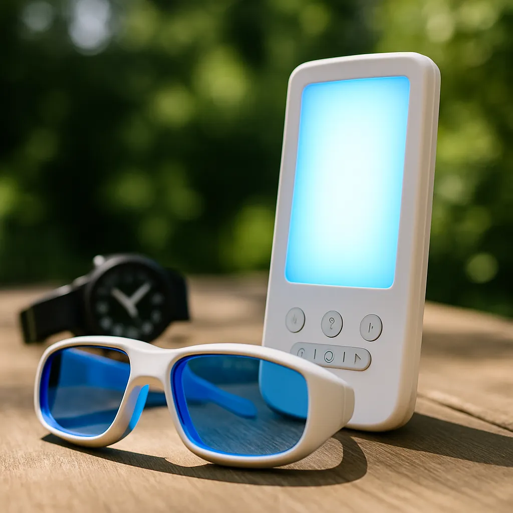 Lichttherapie buiten op houten oppervlak