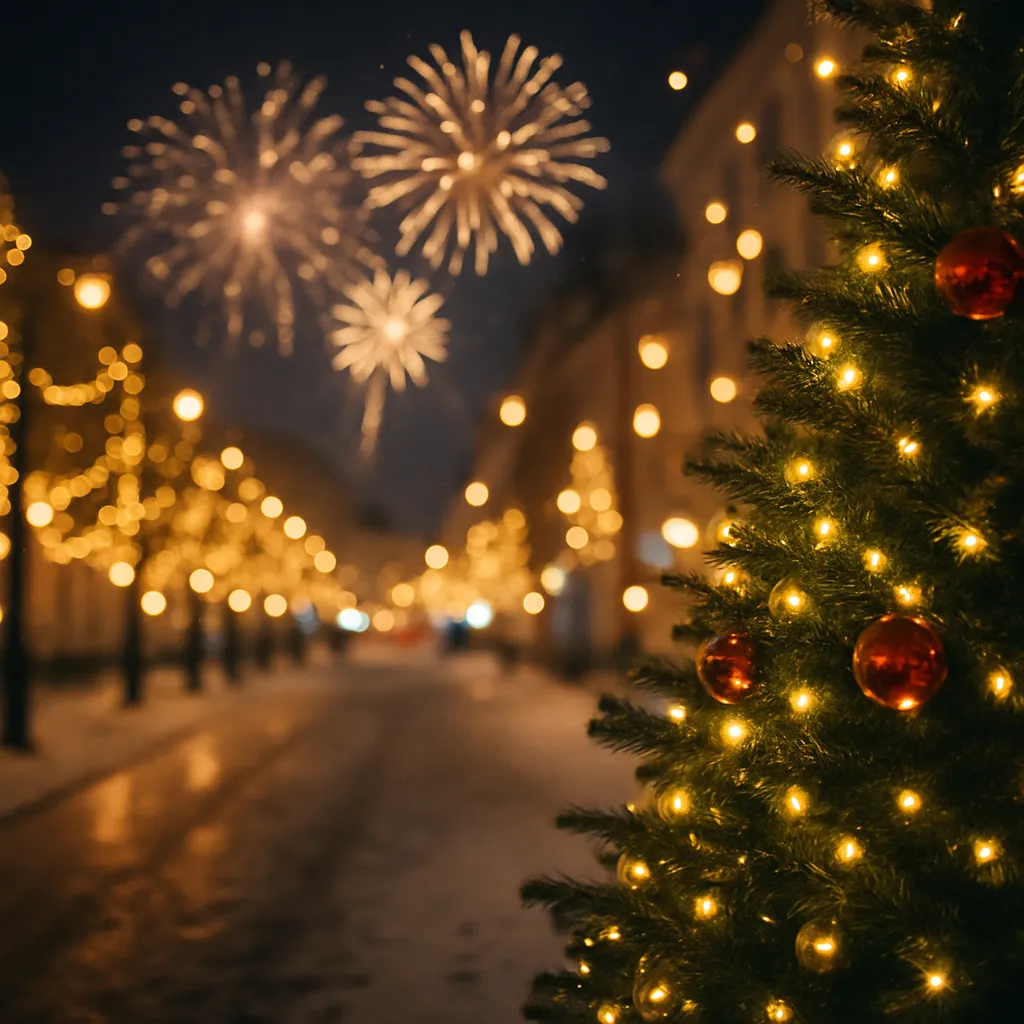 Feestelijke stad bij nacht met vuurwerk