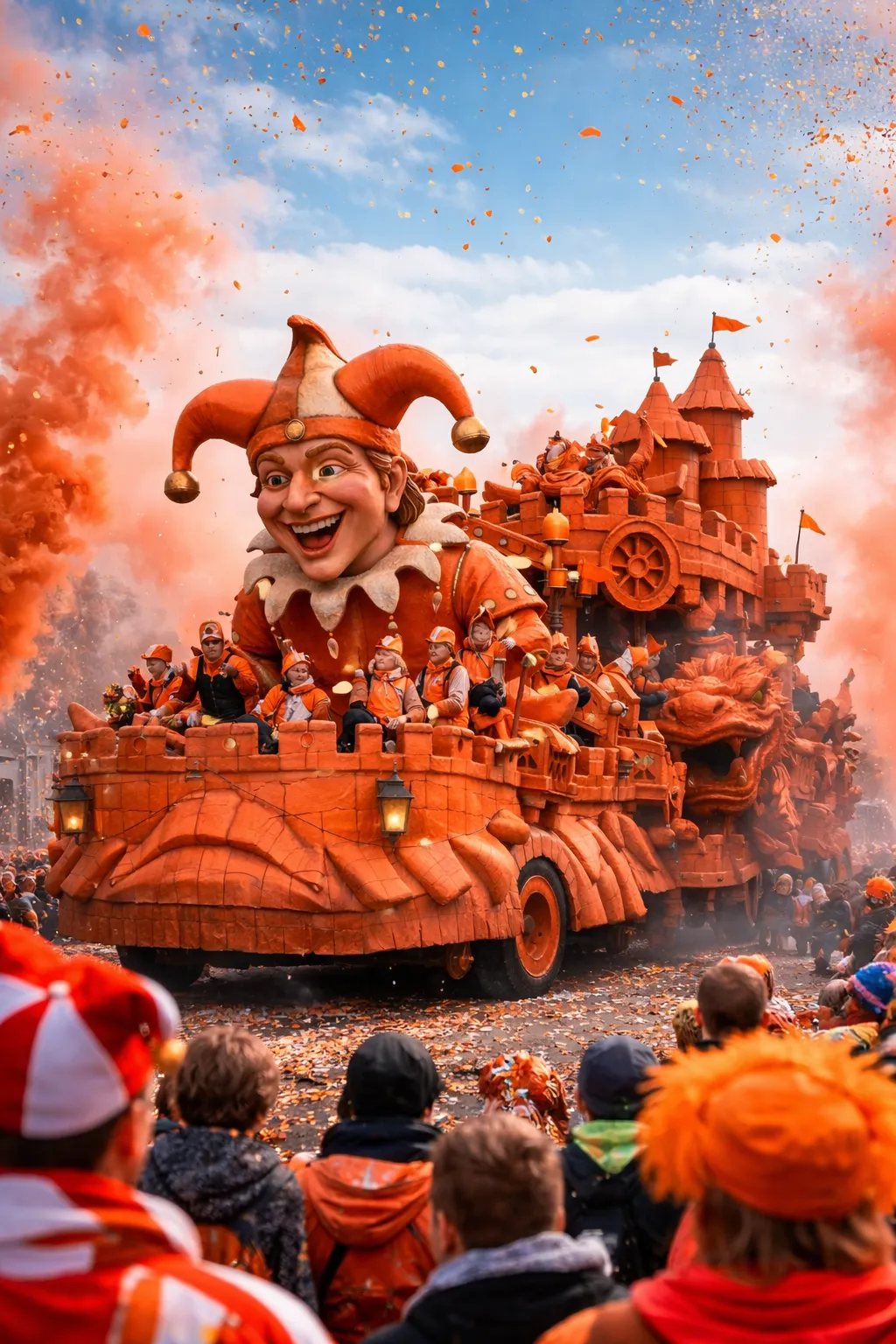 Fantasierijke carnavalswagen met nar