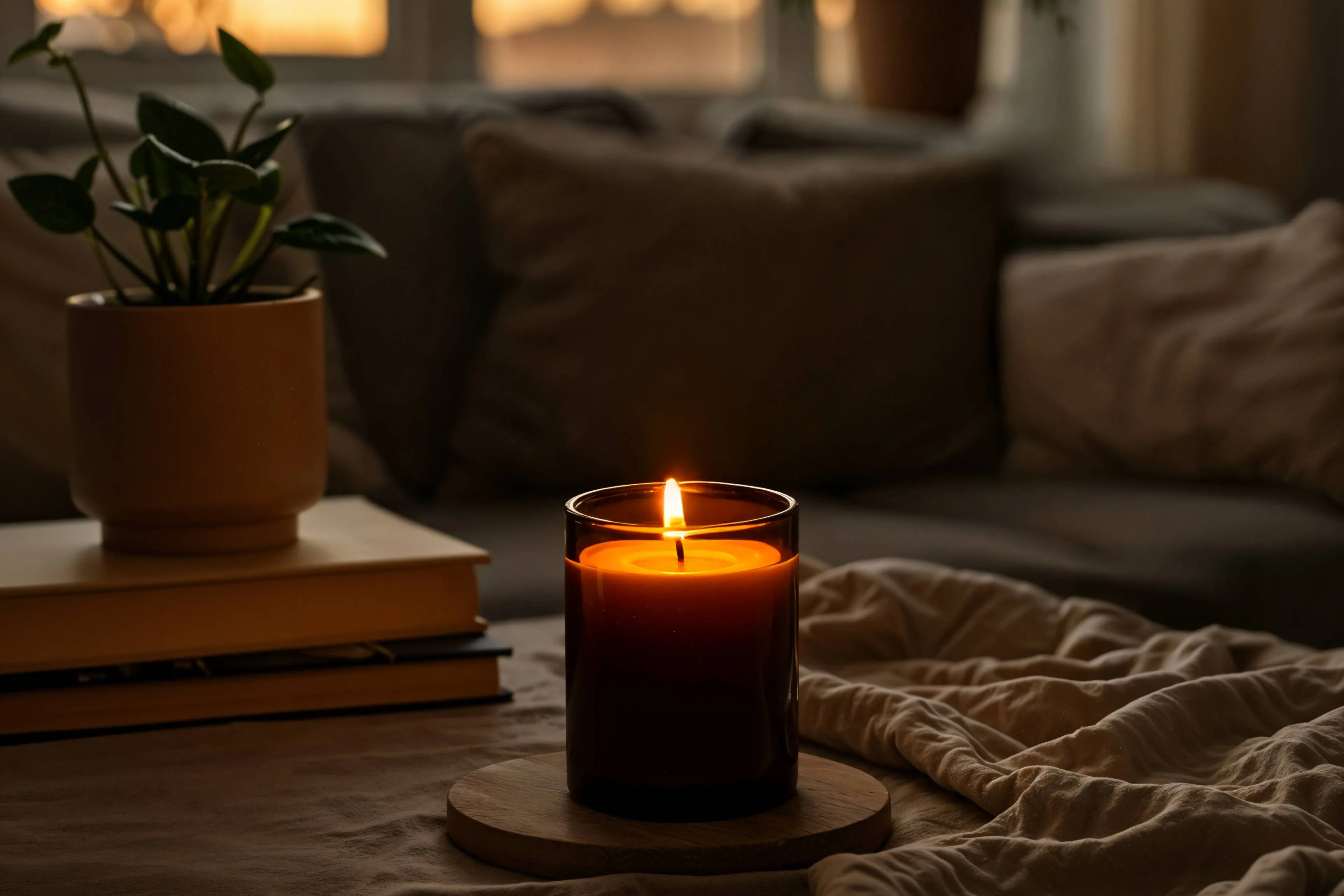 cozy evening with candle books plants