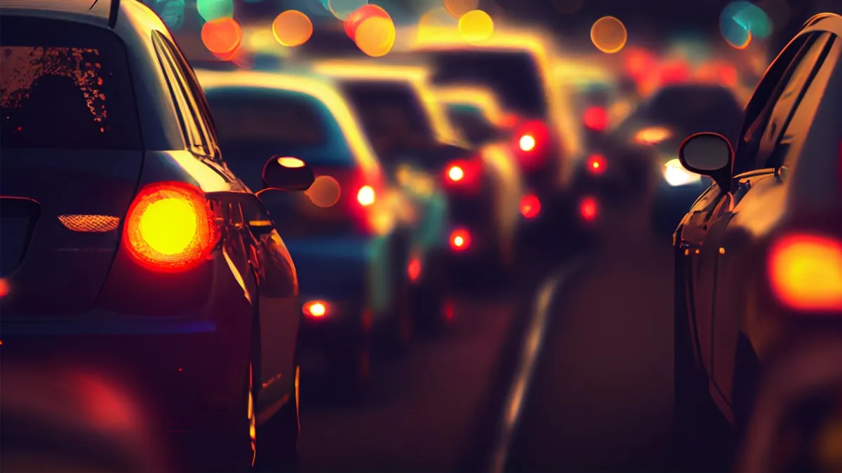 avondspits file verkeersopstopping wazig bokeh achtergrond ai gegenereerd beeld