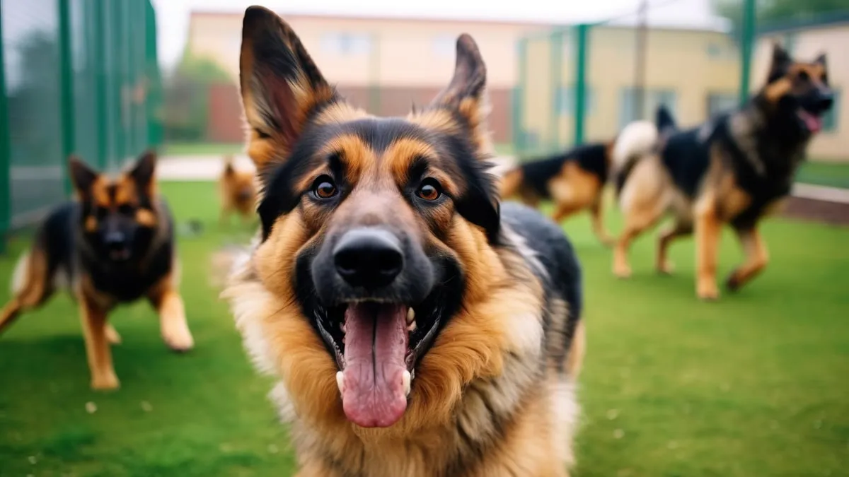duitse herder speelt met andere honden in een dierenpension