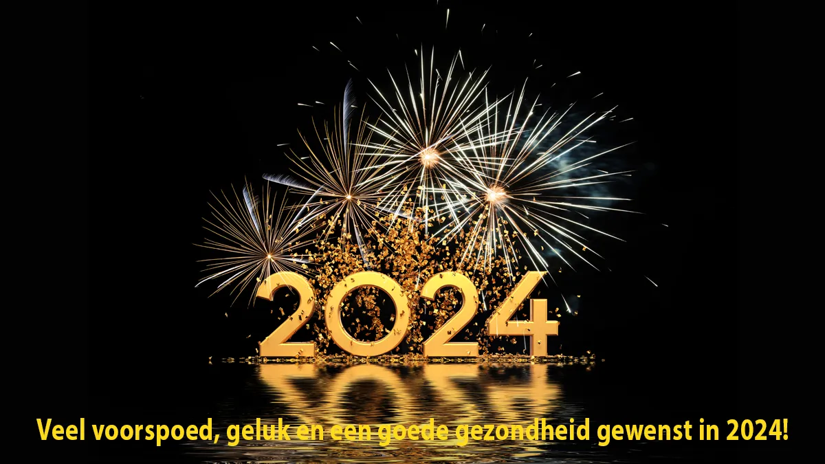 gelukkig nieuwjaar 2024 wenskaart met confetti en vuurwerk