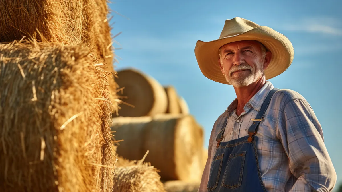 oudere boer strobalen