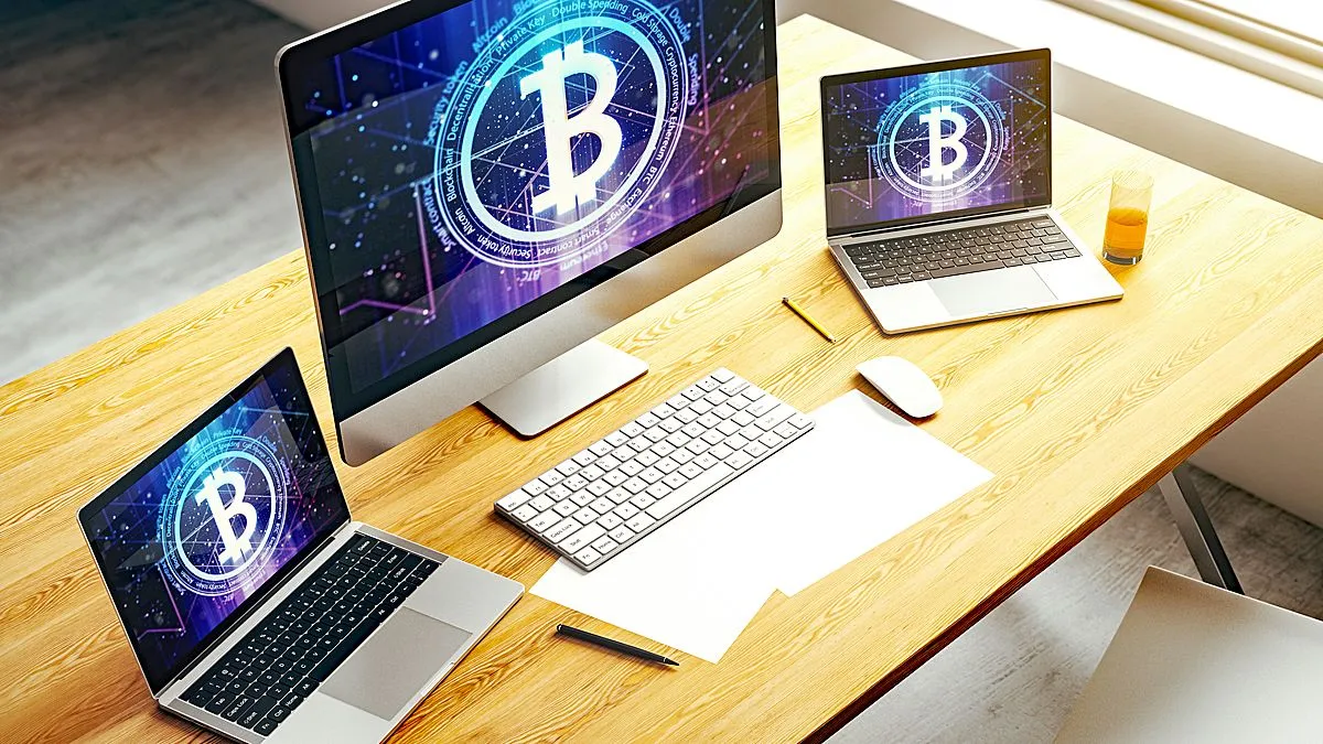 creative bitcoin concept modern laptop screen 3d rendering