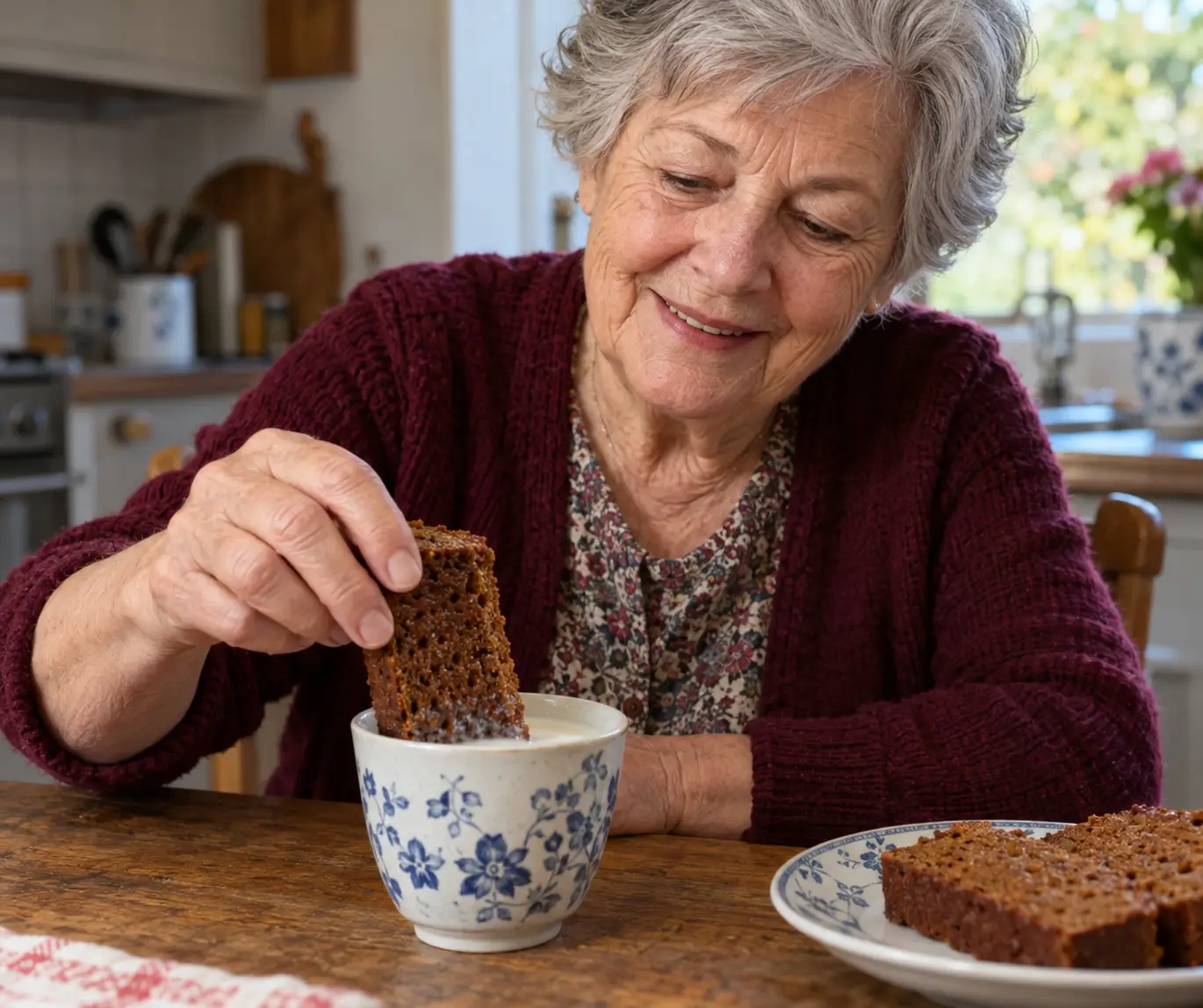 Oma doopt peperkoek in melk