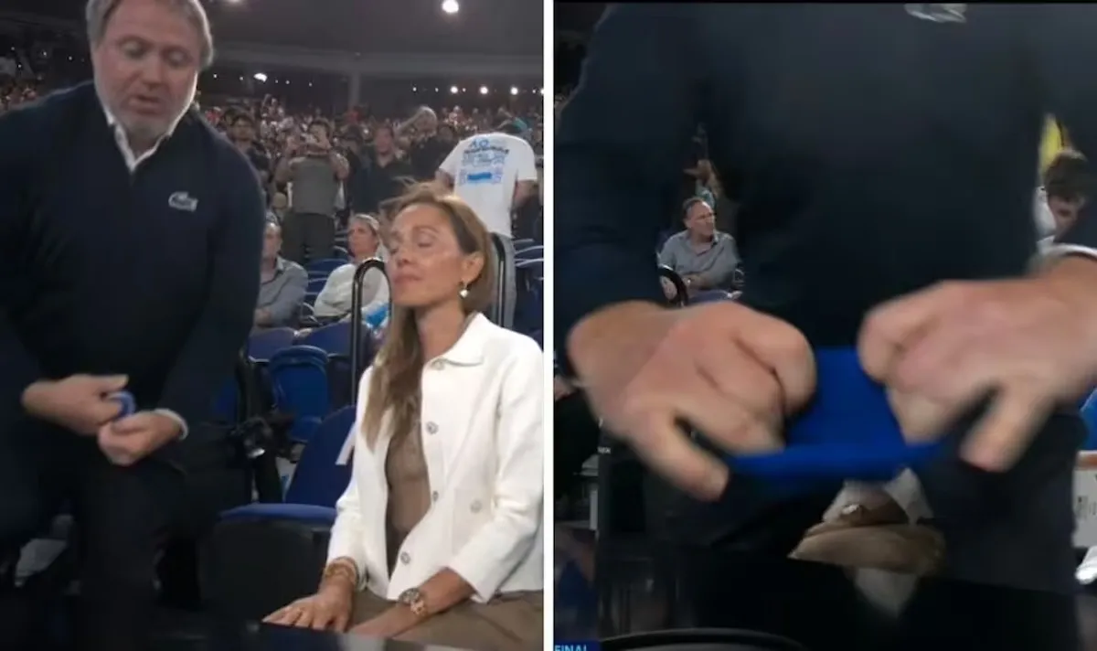 Novak Djokovics familie dækker for tv-kamera under kampen mod Carlos Alcaraz