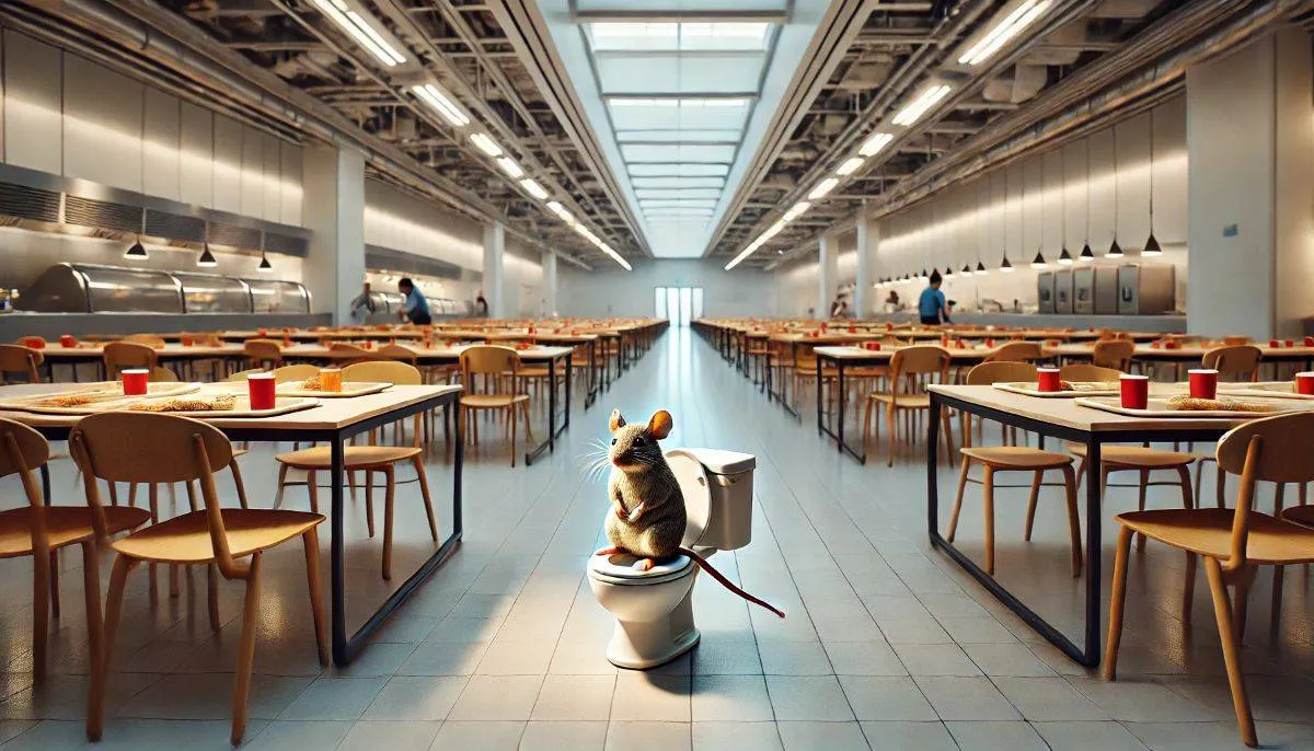 dalle 2025 03 06 122959 a large cafeteria with rows of tables and chairs brightly lit with natural light in the farthest corner a tiny mouse sits on a miniature toilet lo