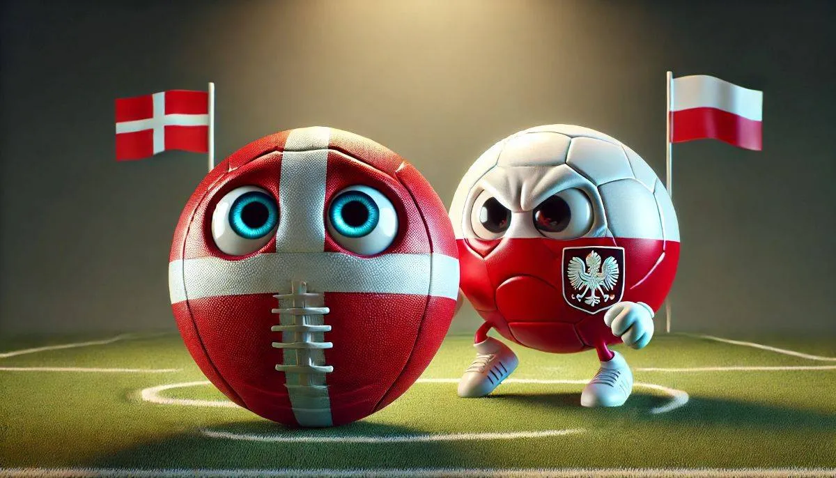 dalle 2025 03 07 142357 a football wrapped in the danish flag appears nervous as it faces an approaching football wrapped in the polish flag the danish football has expressi