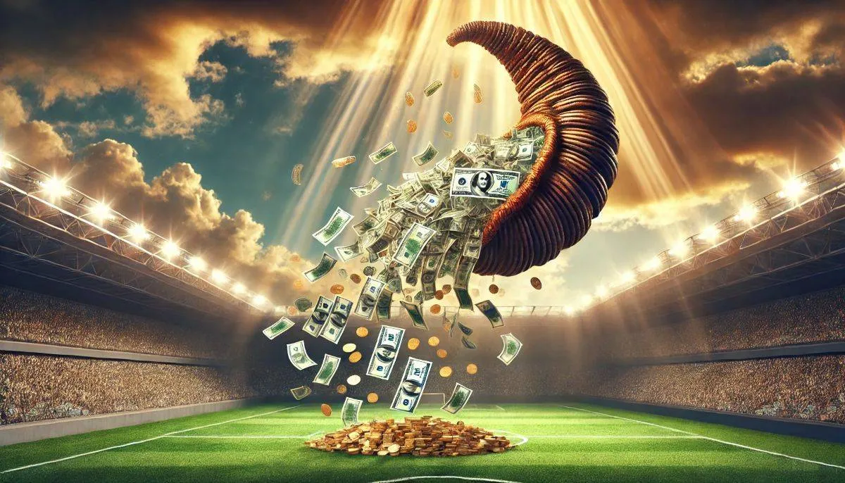 dalle 2025 03 07 143121 a majestic cornucopia floating in the sky overflowing with money that rains down onto a football field below the scene is dramatic with golden sunl