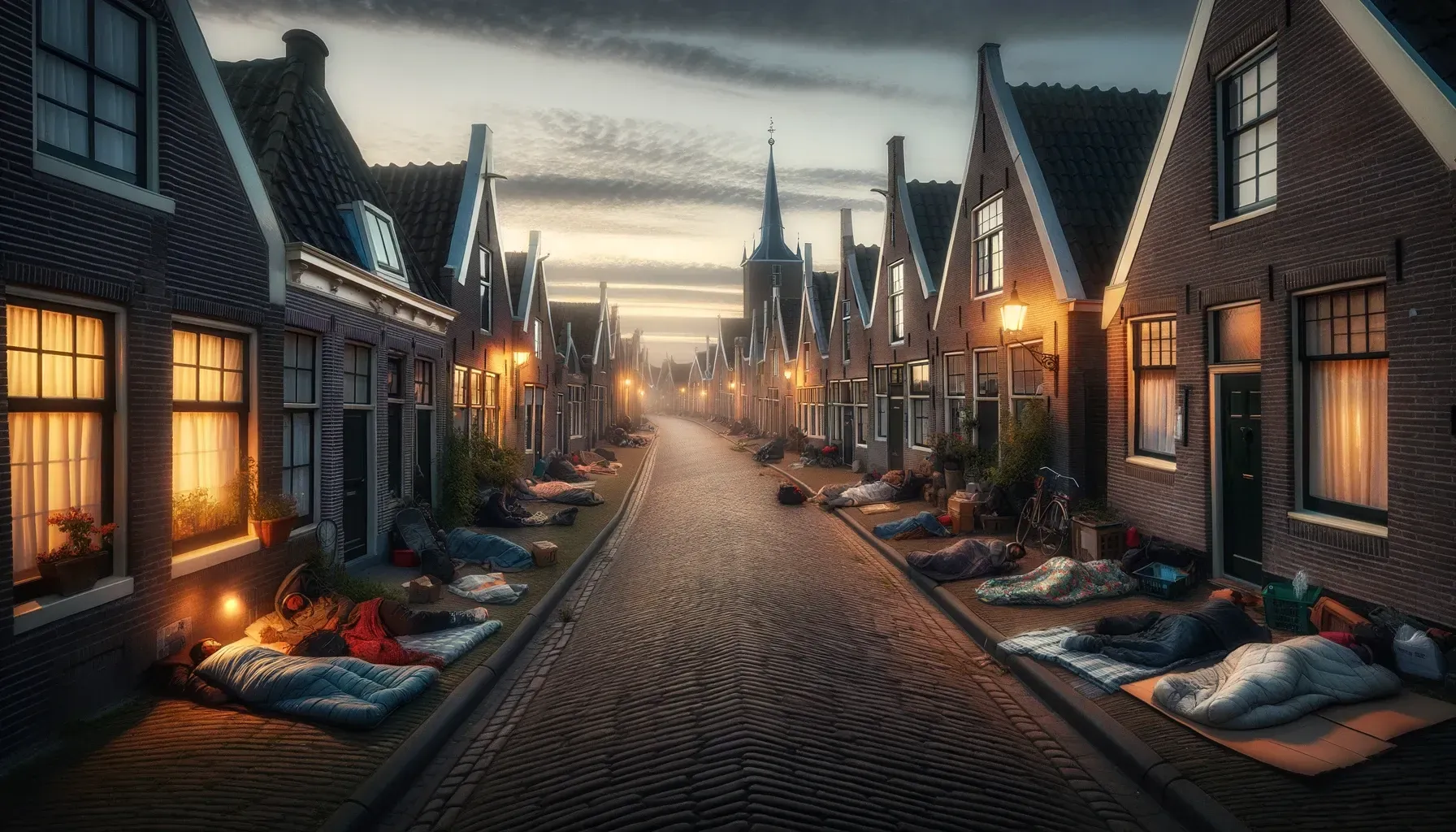 dalle 2024 02 20 122106 a serene yet poignant scene in a small dutch village at dusk capturing the reality of immigrants without shelter compelled to sleep on the village s