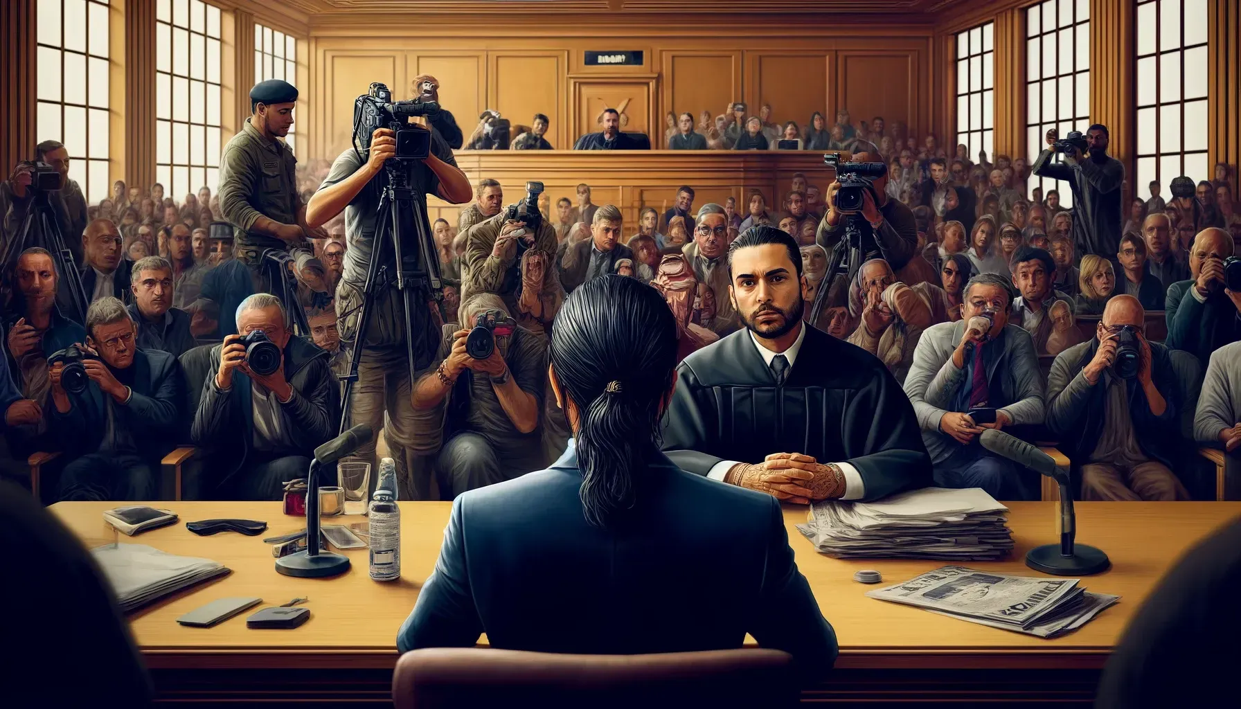 dalle 2024 06 08 112626 a courtroom scene with a high profile trial in session the room is filled with media photographers and spectators ali b a well known moroccan rap