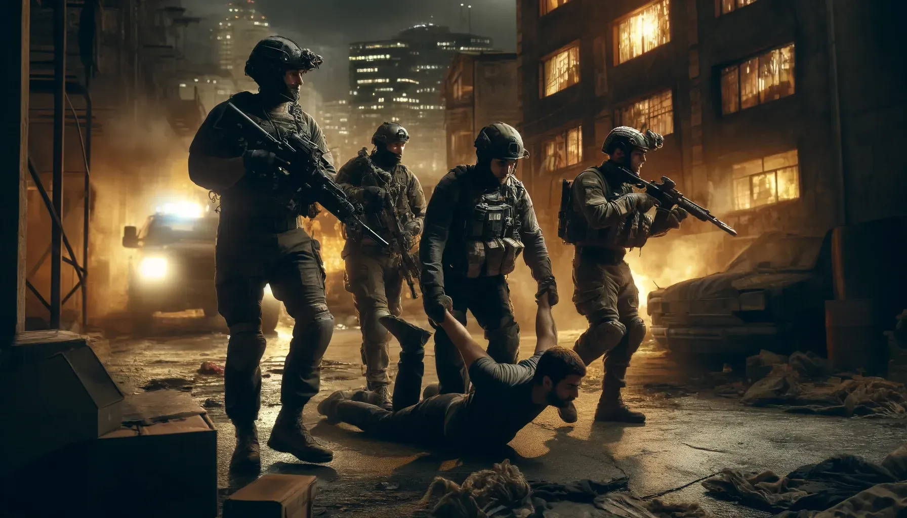 dalle 2024 06 08 143428 a dramatic scene of a rescue operation by israeli forces in a dense urban area show four hostages being freed by armed soldiers in tactical gear amid