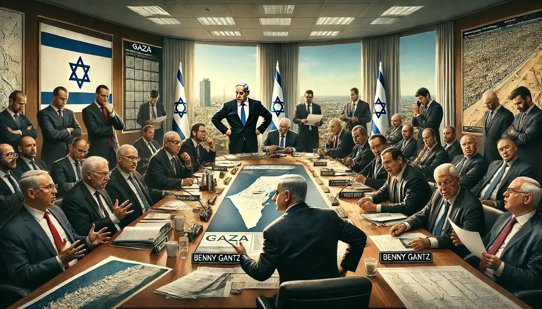 dalle 2024 06 17 120752 an intense political scene showing israeli prime minister benjamin netanyahu in a meeting room with a tense atmosphere netanyahu is seated at the hea