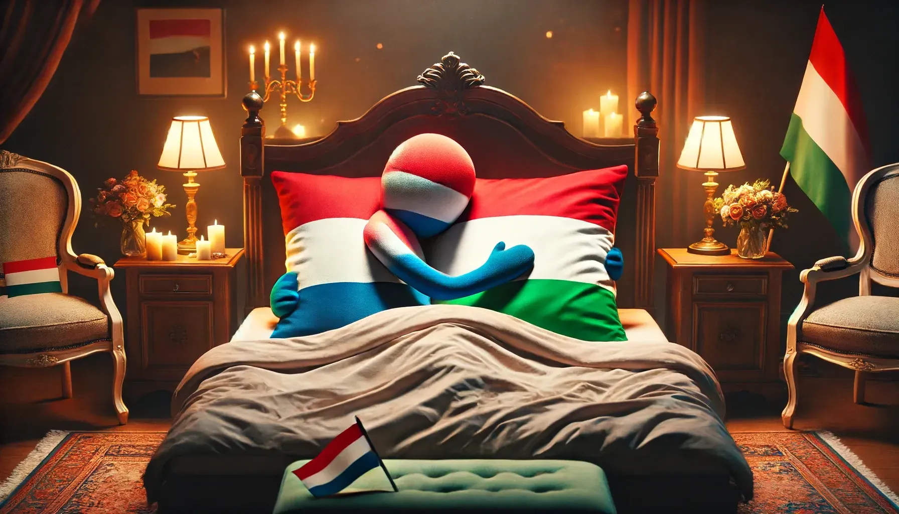 dalle 2024 06 18 112215 a romantic scene showing the dutch flag and the hungarian flag hugging each other in bed the setting is cozy and intimate with soft lighting and a w