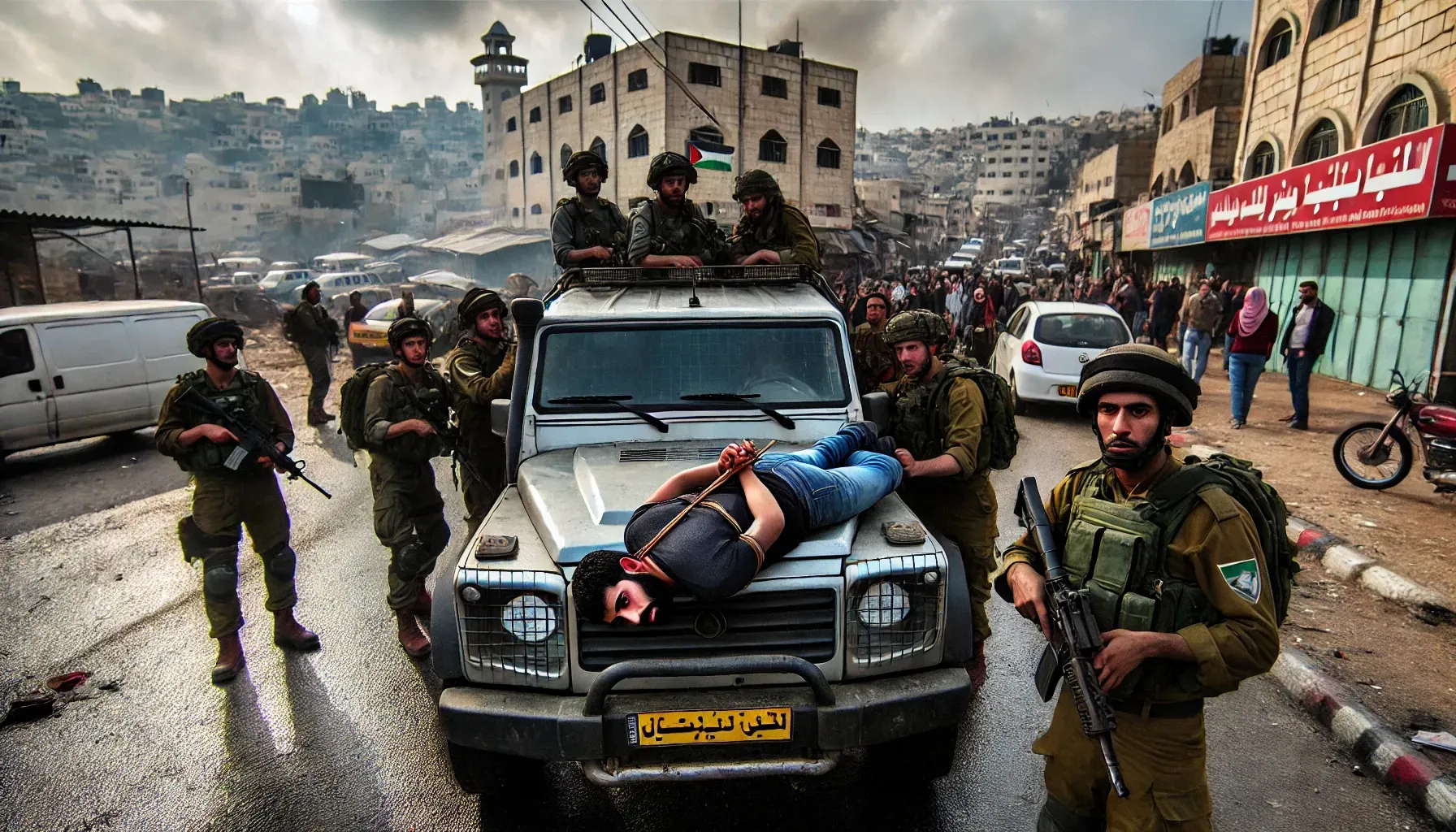 dalle 2024 06 24 125336 a tense and dramatic scene on a city street in jenin west bank a wounded palestinian man is tied to the hood of a military vehicle which is surroun