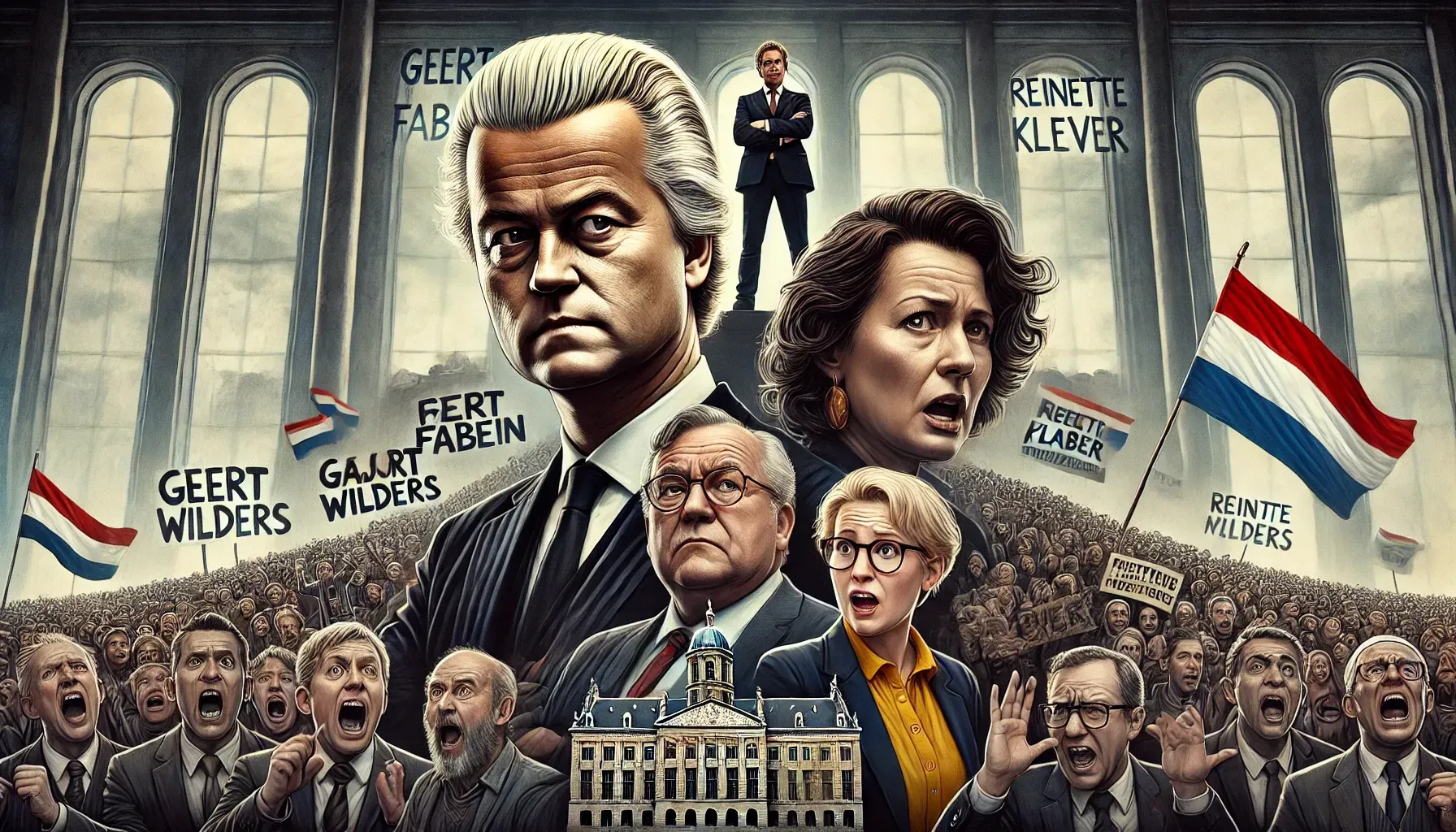 dalle 2024 06 25 093232 a dramatic political scene in the netherlands in the center are three politicians representing geert wilders marjolein faber and reinette klever l