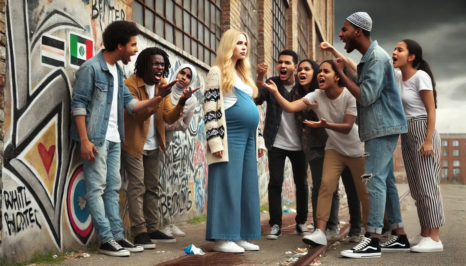 dalle 2024 06 25 163507 a scene depicting anti white racism a group of diverse teenagers including black middle eastern and other ethnicities are shouting angrily at a b