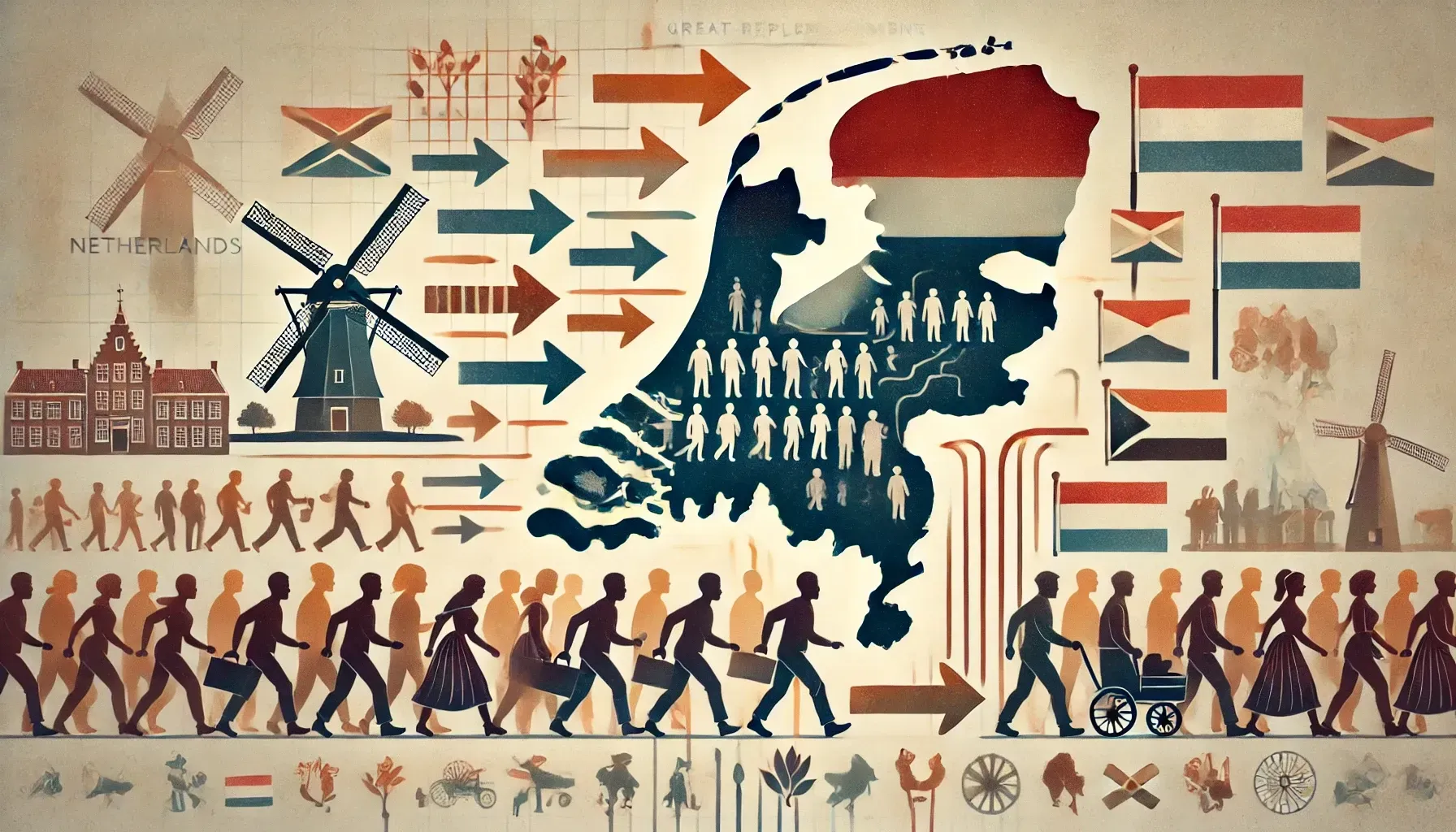 dalle 2024 06 28 191446 a symbolic representation of the great replacement theory in the netherlands featuring a map of the netherlands with arrows indicating migration from