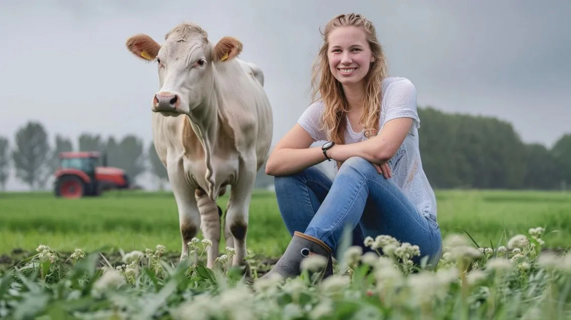 boerin met koe in gras 16 9