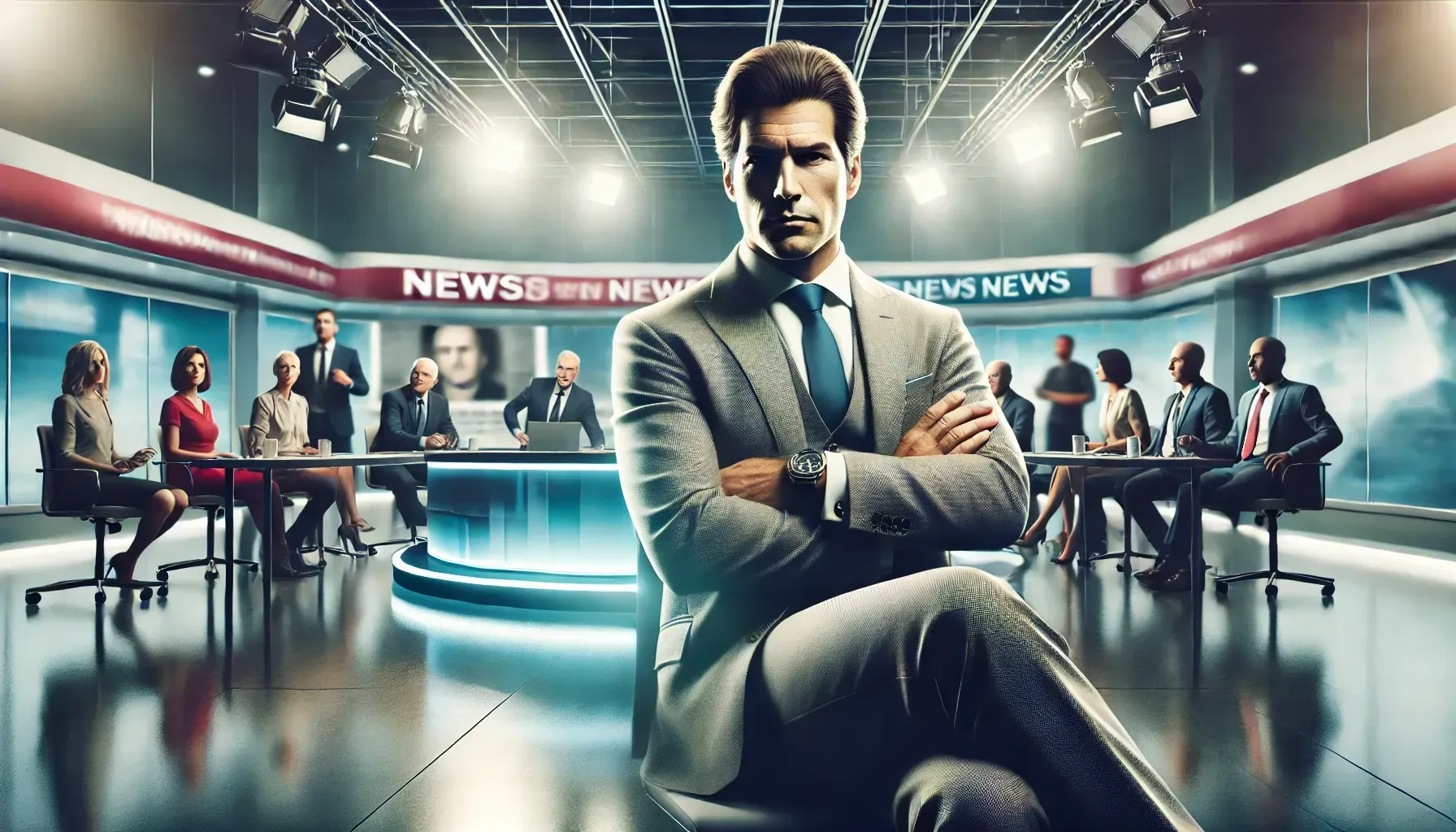 dalle 2024 10 29 135536 an intense dramatic 16 9 image of a television studio scene with a well dressed smug looking man representing a controversial journalist seated in a