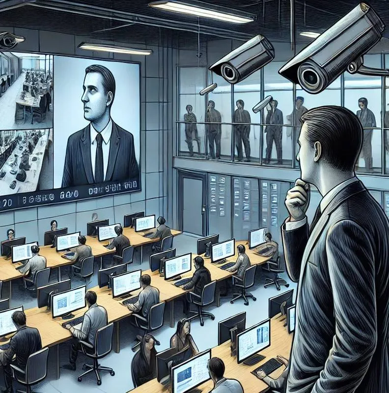 dalle 2025 01 15 095107 an illustration of a workplace scene where a manager observes employees through advanced surveillance systems the setting includes visible security c