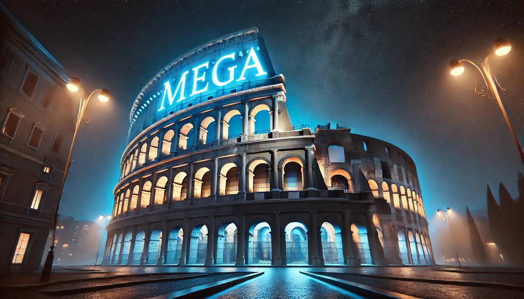 dalle 2025 01 18 210924 a highly realistic nighttime view of the colosseum in rome italy illuminated by vibrant blue lights that precisely highlight its arches and intricatjpg