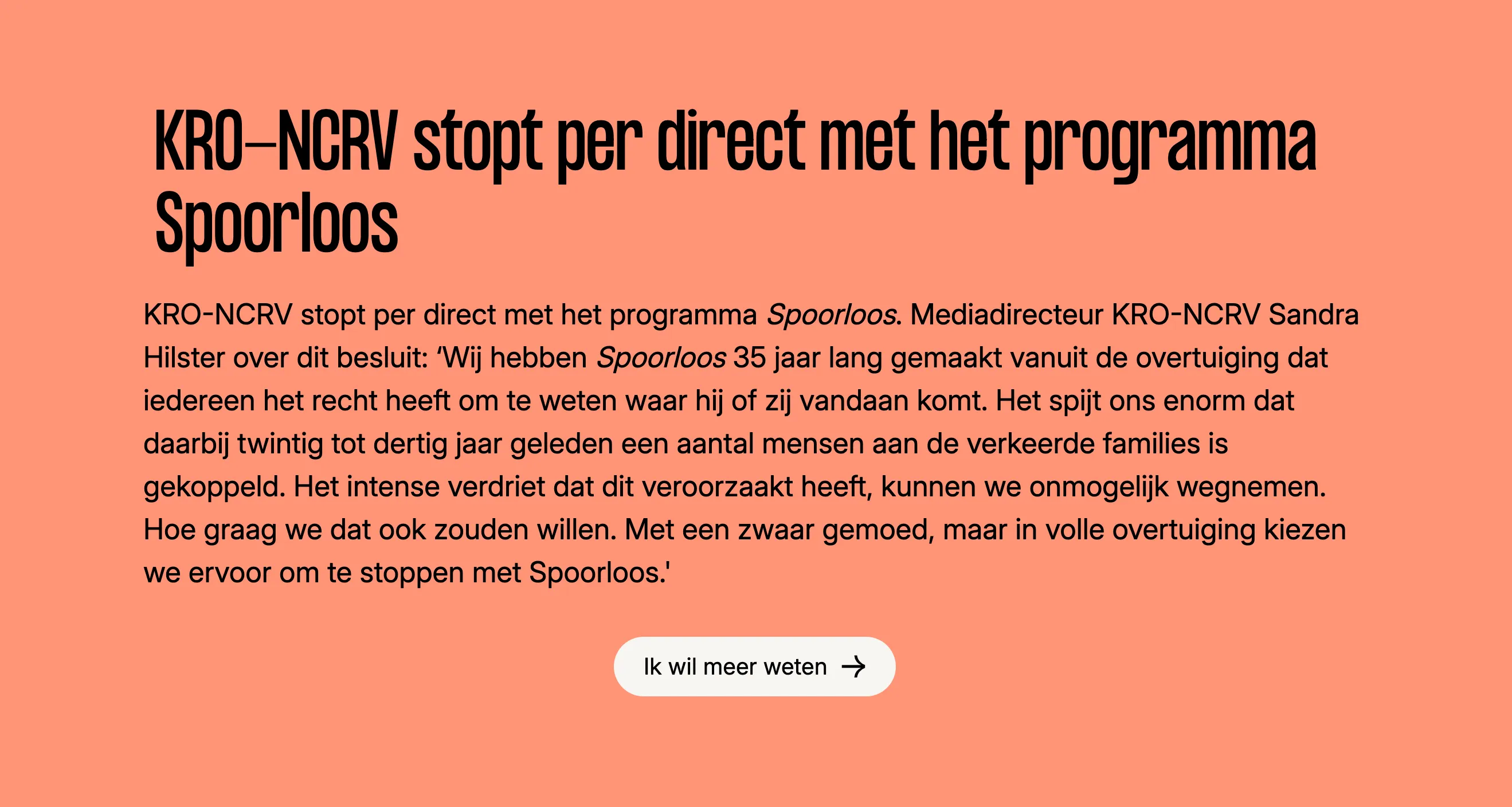 Schokkend: Spoorloos gekoppeld aan verkeerde families, KRO-NCRV klaar