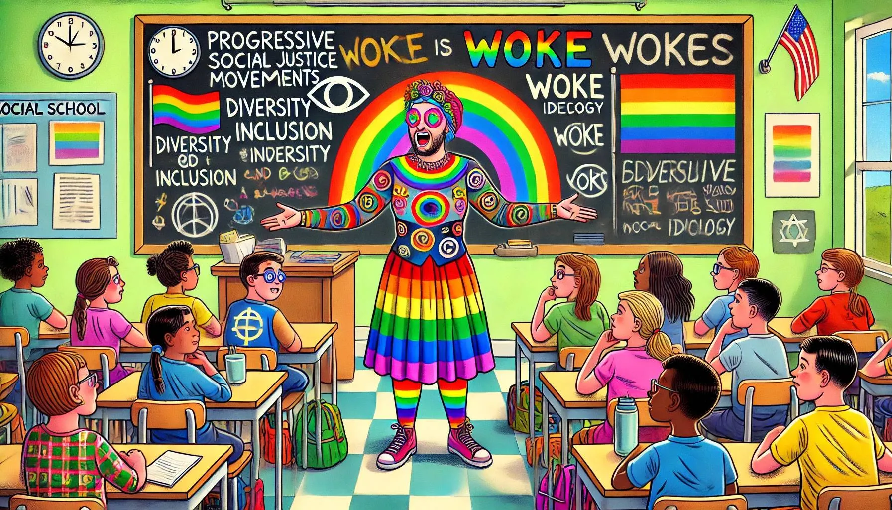 dalle 2025 04 07 134000 a cartoon style image depicting a classroom scene with a teacher standing at the front passionately teaching young primary school children the teachejpg