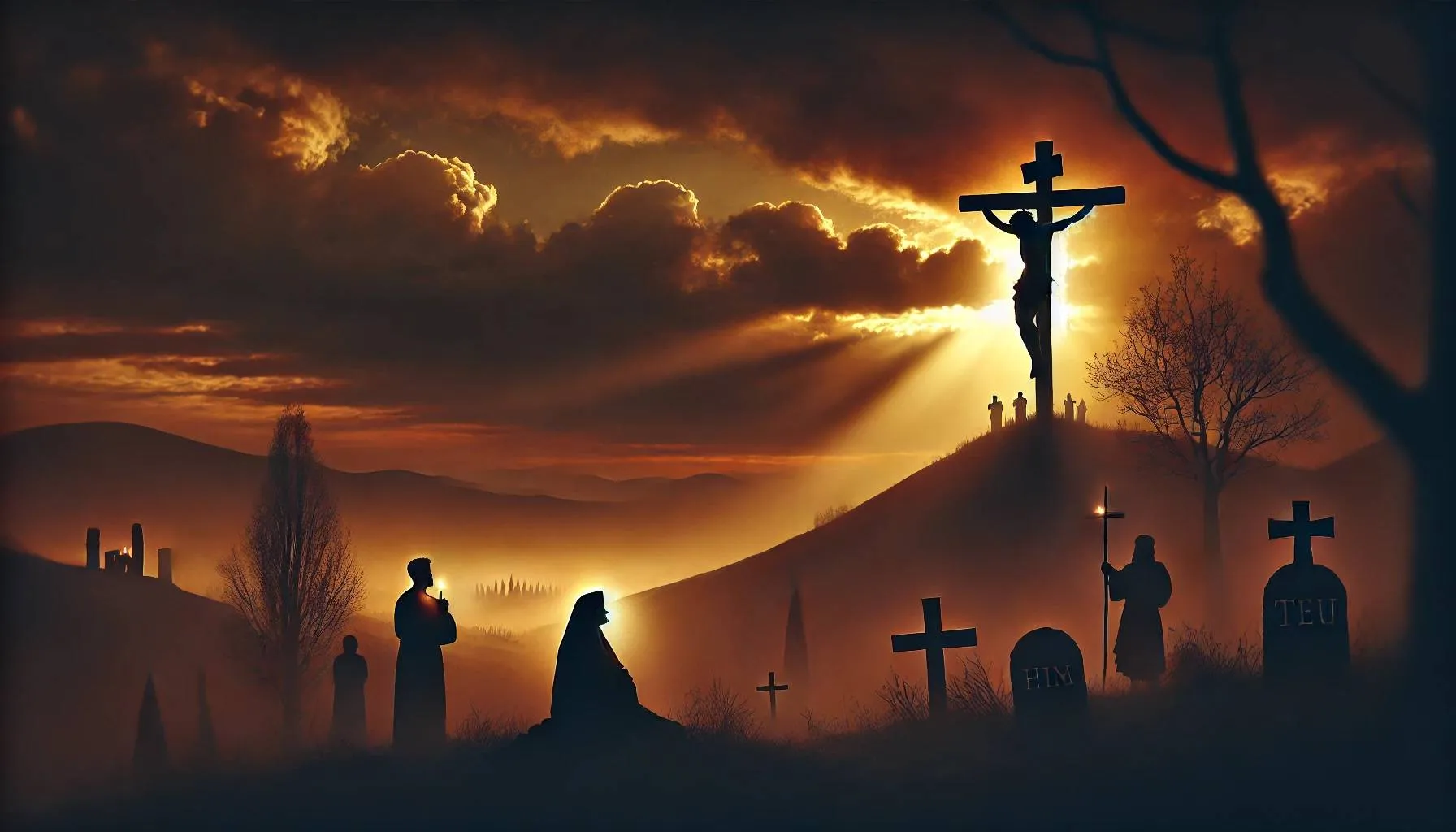 dalle 2025 04 18 110248 a solemn atmospheric scene of good friday a silhouette of jesus christ crucified on the cross atop a hill at sunset with a darkened sky and golden jpg