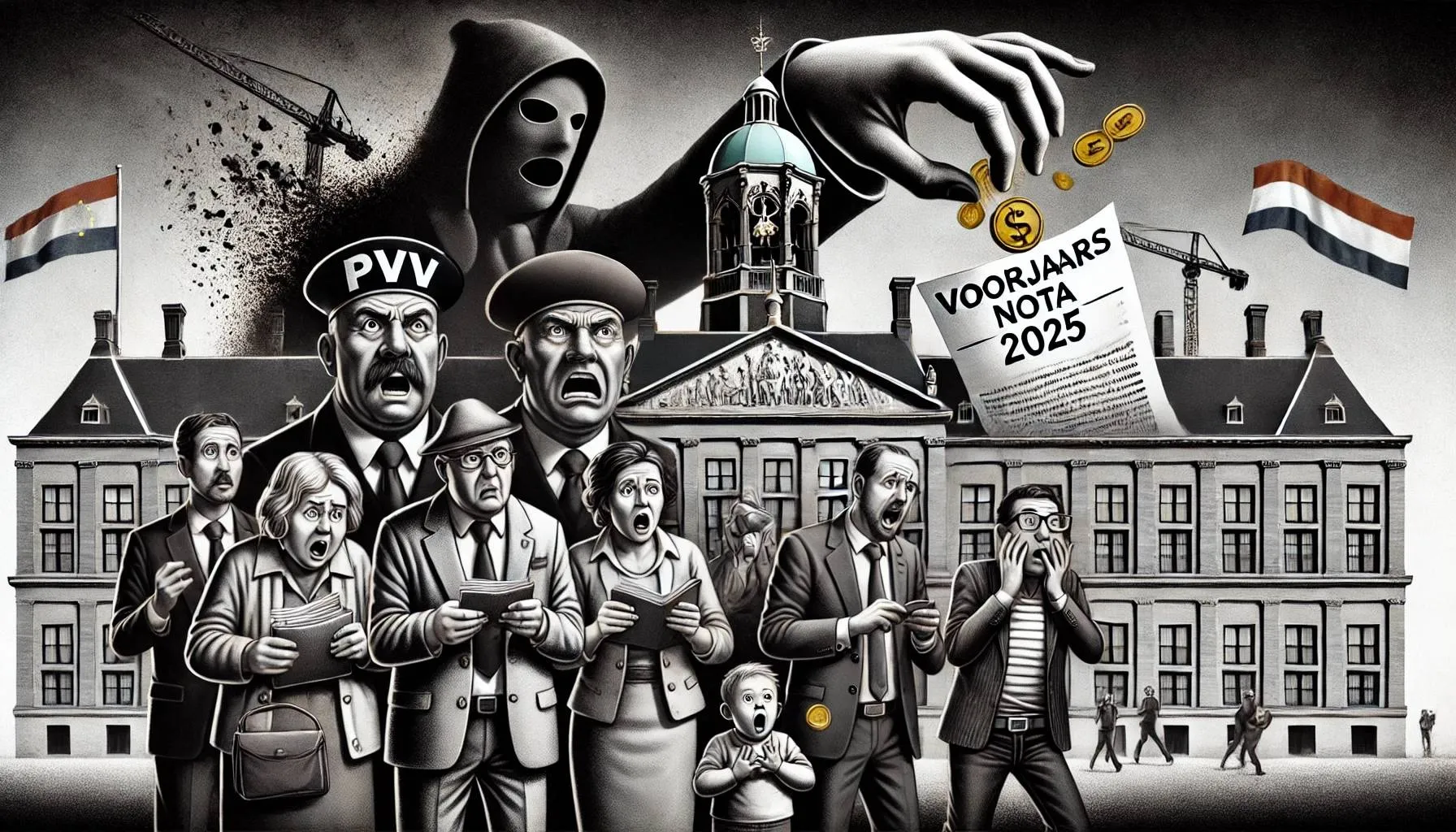 dalle 2025 04 19 100025 a symbolic political illustration showing frustrated dutch citizens looking at a large shadowy cabinet in the hague holding a giant hand that takes mjpg
